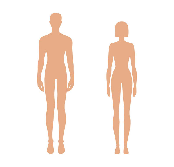 Силуэты мужского и женского тела темно-бежевый цвет кожи оттеняет векторный набор видов спереди. Инклюзивная красота анатомия человека шаблон, мультикультурные вариации, мужчина женщины различное искусство, концепция моды