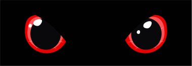 Kırmızı bir çift parlayan göz karanlık arka plan fantezi çizgi film hayvan sürüngen kedi canavar canavar ejderha parlak öğrenci vektör çizimi