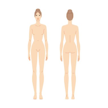 Dokuz başlı bir kadının vektör çizimi, ön ve arka da dahil olmak üzere birden fazla açı gösteriyor. Moda çizimleri, anatomi referansı ve stil tasarımı için mükemmel..