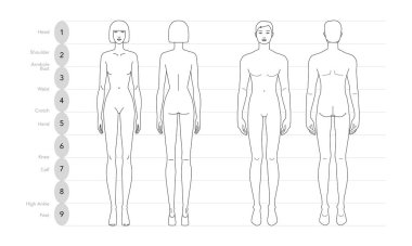 9 başlı kadın ve erkek vektör çizimi, ön ve arka da dahil olmak üzere birden fazla açı gösteriyor. Moda çizimleri, anatomi referansı ve stil tasarımı için mükemmel..