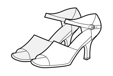 Ayak bileği kayışlı sandalet topuklu ayakkabılar tek sıra. Dans gecesi için açık ayak parmaklı ayakkabılar, kokteyl görünüşü. Teknik moda illüstrasyonu, CAD modelleme, temiz vektör erkekler uniseks izole klasik stil