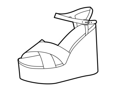 Platform kama sandaletli kadınlar tek çizim ayakkabısı. Çapraz kayış bilekliği yaz tatili için ayakkabı tokası, brunch. Teknik moda illüstrasyonu, CAD modelleme, temiz vektör erkekler tek cinsiyetli münferit tarz