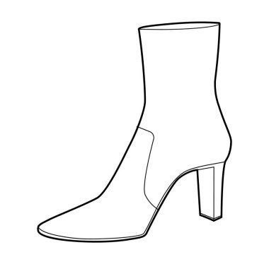 Dikenli topuklu ayakkabı, çizmeli kadın, tek sıra. Tıknaz, soğuk hava estetiğiyle dikilmiş detaylar. Teknik moda illüstrasyonu CAD modelleme temiz vektör erkekler unisex izole klasik stil