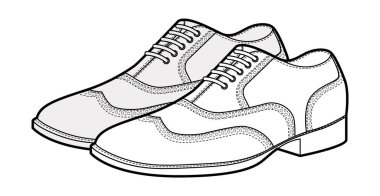 Brogue mens dantelli ayakkabı çizim çifti. Klasik kanat ucu detayına sahip yırtık deri ayakkabılar şık günlük ofis tarzı. Teknik illüstrasyon CAD taslak çizim vektör ana hatları beyaz üzerinde izole