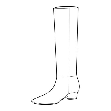 Klasik blok topuklu diz boyu çizmeli kadın tek çizgi çifti. Profesyonel yürüyüş için topuklu ayakkabıyla düz bir kuyu. Teknik moda illüstrasyonu CAD modelleme temiz vektör erkekler unisex izole klasik stil