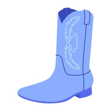 Mavi kovboy çizmesi kadın rengi düz. Rodeo temalı gardırop ve yaz sezonu için batı çizmesi. Teknik moda illüstrasyonu CAD modelleme pürüzsüz vektör adam uniseks izole moda tarzı.
