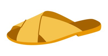 Sarı sandaletli ayakkabılı kadınlar düz. Güneşli tatil kıyafetleri için açık ayak sandaleti parlak gardırop. Teknik moda illüstrasyonu CAD modelleme pürüzsüz vektör adam uniseks izole moda tarzı.