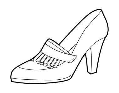 Kiltie kadınlara tek sıra topuklu ayakkabı pompalıyor. Fringe mokasen ayakkabıları iş için, sonbahar giysisi, klas tarzı. Teknik illüstrasyon, CAD modelleme, temiz vektör erkekler tek cinsiyetli stil.