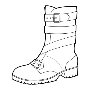 Bisikletli kayışlı çizmeli kadınlar tek sıra. Konser gecesi festivali ve sokak görünüşü için üçlü tokalı topuklu ayakkabı. Teknik moda illüstrasyonu CAD modelleme temiz vektör adam unisex izole modern tarz.