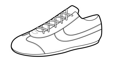Geriye dönük spor ayakkabısı çizimi. Sokak paten parkı kıyafetleri için klasik spor ayakkabıları. Teknik moda illüstrasyonu, CAD modeli, temiz vektör kadın erkekler tek cinsiyetli sokak tarzı.