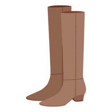 Kahverengi blok topuklu, diz boyu, düz çizmeli kadın ayakkabısı. Sıcak mevsim için topuklu ve pürüzsüz bir şaft. Teknik moda illüstrasyonu CAD tasarımı rafine vektör erkekler unisex izole modern stil.