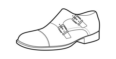 Monkstrap mens çift tokalı tek ayakkabı ipi. Çift kayışlı deri ayakkabılar modern, akıllı, gündelik tarzda. Teknik moda illüstrasyonu CAD taslak çizim vektörü kadın uniseks izole.