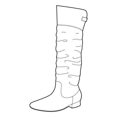 Diz boyu çizmeli sarkık kadın çift sıra. Şenlik havası için kabarık desenli ve tokalı. Teknik moda illüstrasyonu CAD modelleme temiz vektör erkekler unisex izole klasik stil