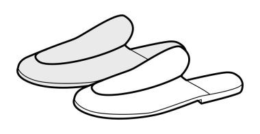 Katır terlikli kadın çizim çifti. Günlük rahat ev kıyafetleri için açık sandalet. Teknik moda illüstrasyonu CAD model vektör adam unisex izole klasik stil.