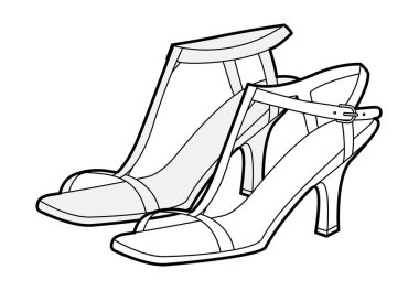Tekli sandalet giyen kadınlar tek sıra topuklu ayakkabı giyer. Parti için kayışlı elbise ayakkabıları, resepsiyon, dans, kokteyl görünüşü. Teknik moda illüstrasyonu, CAD modelleme, temiz vektör erkekler uniseks izole klasik stil.