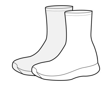 Yüksek topuklu ayakkabılar ayakkabı taslak çifti. Çorap stili antrenör modern sokak giysisi, jimnastik antrenörü, erkek kadın uniseks. Teknik moda illüstrasyonu, CAD modeli, detaylı vektör izole edilmiş fütüristik stil.