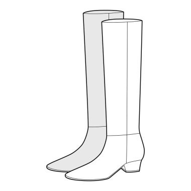 Klasik blok topuklu, diz boyu çizmeli kadın eskiz çifti. Düz topuklu, eskimeyen giysi için düz bir şaft. Teknik moda illüstrasyonu CAD modelleme Ayrıntılı vektör erkekler unisex izole zarif stil