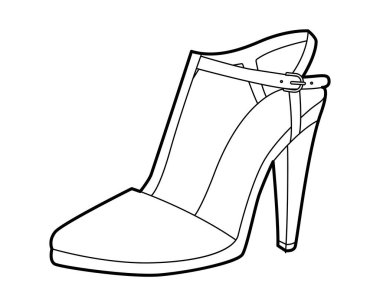 T-Bar kadınları tek sıra topuklu ayakkabıyla pompalar. Akşam etkinliği için ön bağcıklı klasik elbise ayakkabısı, klasik poster tarzı. Teknik illüstrasyon, CAD modeli, temiz vektör erkekler unisex izole romantik tarz.