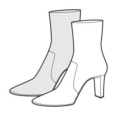 Topuklu ayakkabı dikişli kadın çizim çifti. Kış için tıknaz tabanlı dikişli detaylar, moda modası. Teknik moda illüstrasyonu CAD model vektör erkekler unisex izole zarif stil