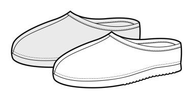 House clog ayakkabılı kadın eskiz çifti. Bahçe işleri için kapalı lastik terlik. Günlük kıyafet. Teknik moda illüstrasyonu CAD model vektör adam unisex izole klasik stil.