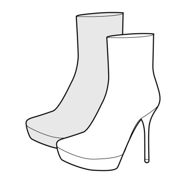 Platform topuklu ayakkabı kadın çizim çifti. Kış için sivri topuklu kalın platform, moda ileri. Teknik moda illüstrasyonu CAD modelleme Ayrıntılı vektör erkekler unisex izole zarif stil