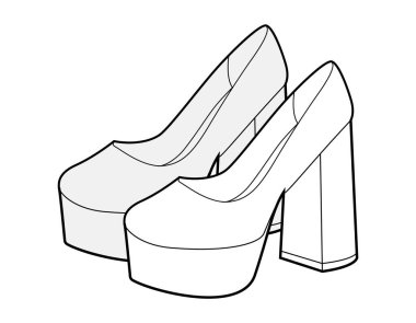 Platform blok topuklu ayakkabı kadın eskiz çifti. Parti, ofis, sonbahar kıyafetleri için topuklu ayakkabılar. Teknik illüstrasyon, CAD modelleme, detaylı vektör erkekler uniseks izole moda.