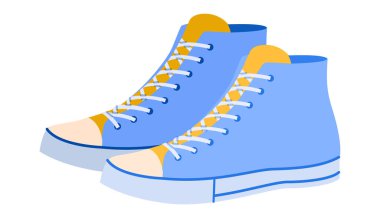 Yüksek tabanlı spor ayakkabılar, düz ayakkabı. Şehir yürüyüşü için rahat branda ayakkabılar, erkek kadın uniseks için stil. Teknik moda illüstrasyonu, CAD modeli, yumuşak vektör izole edilmiş modern biçim.