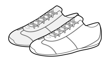 Koşu ayakkabısı eskiz çifti. Yürüyüş için günlük spor ayakkabıları, şehir, günlük kıyafetler. Teknik moda illüstrasyonu, CAD modeli, detaylı vektör kadın erkek uniseks izole moda tarzı.