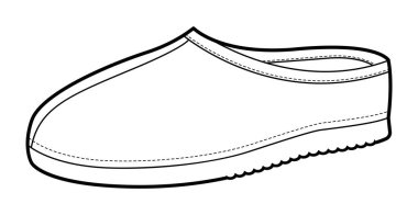 House clog sandalet ayakkabılı kadınlar tek sıra. Duş havuzu için kapalı lastik terlik. Teknik moda illüstrasyonu CAD modelleme temiz vektör adam unisex izole modern tarz.