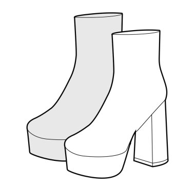 Tombul platform bloklu çizmeli kadın çizim çifti. Kış için yüksek topuklu ayakkabı, moda. Teknik moda illüstrasyonu CAD modelleme Ayrıntılı vektör erkekler unisex izole zarif stil