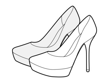 Platform stiletto kadın topuk skeci çifti. Parti, kulüp, sahne, etkinlik için yüksek topuklu seksi ayakkabılar. Teknik illüstrasyon, CAD modelleme, dramatik vektör erkekler tek cinsiyetli cesur stil.