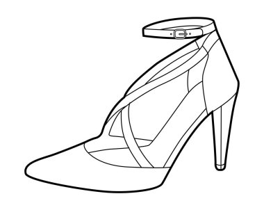 Ayak bileği bağcığı stiletto kadın tek çizim. Kokteyl için kayışlı sandalet, yaz gecesi etkinliği. Teknik moda illüstrasyonu, CAD modelleme, temiz vektör erkekler uniseks izole klasik stil.