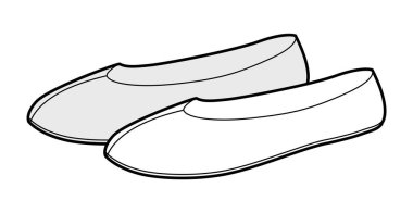 Mokasen ayakkabılı kadın eskiz çifti. Günlük yürüyüş kıyafetleri için yumuşak yuvarlak ayak parmaklı günlük ayakkabılar. Teknik moda illüstrasyonu CAD modelleme detaylı vektör adam unisex izole klasik biçim.