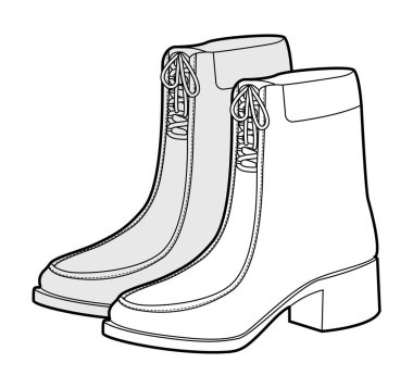 Ön dantelli kadın çizim çifti. Modern şehir kıyafetleri ve şık gardırop için topuklu ayakkabıları bağla. Teknik moda illüstrasyonu CAD model vektör adam unisex izole klasik stil.