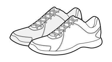 Spor ayakkabı eskiz çifti çalıştıran kadın. Canlı renkli engelli spor ayakkabıları, şehir yürüyüşü festivali kıyafeti. Teknik moda illüstrasyonu, CAD modeli, detaylı vektör adam uniseks izole moda tarzı.