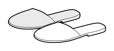Kaygan ayakkabılı kadın çizim çifti. Ev şezlongları için kapalı sandalet. Teknik moda illüstrasyonu CAD model vektör adam unisex izole klasik stil.