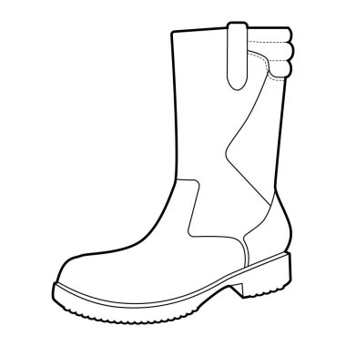 Koşumlu kadın ayakkabıları tek sıra halinde. Islak hava festivali kıyafetleri için baldırın ortasındaki botu kayışla bağlayın. Teknik moda illüstrasyonu CAD modelleme temiz vektör adam uniseks izole stili.