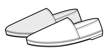 Espadrille düz ayakkabı kadın çizim çifti. Yazın rahat kıyafet yürüyüşü için dikiş detayı ayakkabısı. Teknik moda illüstrasyonu CAD modelleme detaylı vektör adam unisex izole klasik biçim