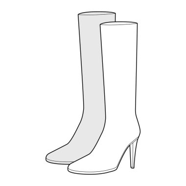 Topuklu ayakkabı, kadın çizim çifti. Kış koleksiyonu için sivri topuğu olan uzun bir şaft, moda modası. Teknik moda illüstrasyonu CAD model vektör erkekler unisex izole zarif stil.