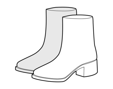 Topuklu ayakkabı engelli kadın çizim çifti. Şık şehir kıyafetleri ve günlük giysiler için temiz kuyu botu. Teknik moda illüstrasyonu CAD model vektör adam unisex izole klasik stil.