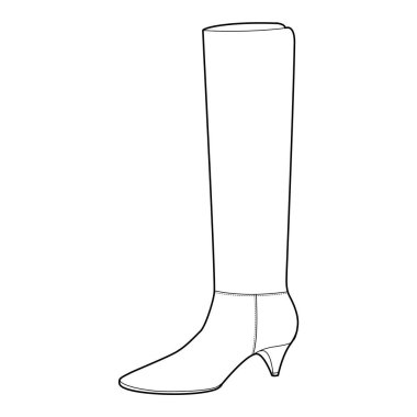 Kedi topuklu, diz boyu, tek sıra kadın ayakkabısı. Soğuk hava ve gardırop için alçak topuklu ince bir şaft. Teknik moda illüstrasyonu CAD modelleme temiz vektör erkekler unisex izole klasik stil.