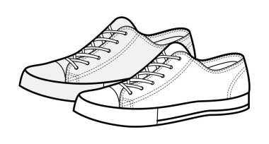 Alçak tabaka spor ayakkabısı çizim çifti. Klasik kumaş ayakkabılar sokak tarzı, erkek kadın unisex için günlük kıyafet. Teknik moda illüstrasyonu, CAD modeli, detaylı vektör izole edilmiş vintage biçimi