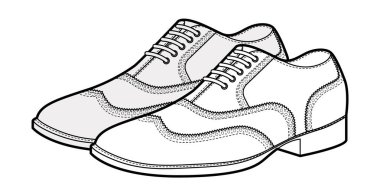 Brogue mens dantelli ayakkabı çizim çifti. Klasik kanat ucu detayına sahip yırtık deri ayakkabılar şık günlük ofis tarzı. Teknik illüstrasyon CAD taslak çizim vektör ana hatları beyaz üzerinde izole