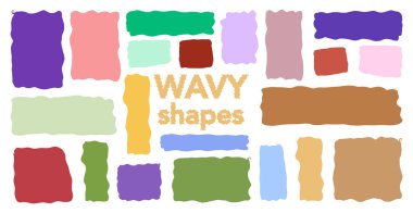 Dalgalı organik çerçeveler, dikdörtgen kare şekiller, soyut tasarım simgeleri ve grafikler, istiridye geometrisi, düzensiz düz şekiller. Rasgele noktalar ve kıvrımlı elementler. Yumuşak Kutu Vektör illüstrasyonu