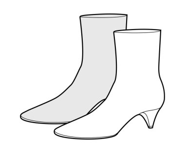 Kıvrımlı kedi topuklu ayakkabı kadın çizim çifti. Kış koleksiyonu için düşük topuklu bir şaft, moda. Teknik moda illüstrasyonu CAD modelleme Ayrıntılı vektör erkekler unisex izole zarif stil