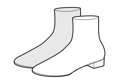 Çorap botlu kadın eskiz çifti. Modern şehir kıyafeti ve gece giysisi için ince bilekli çizme. Teknik moda illüstrasyonu CAD model vektör adam unisex izole klasik stil.