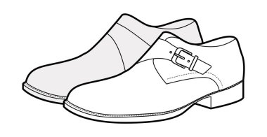 Monkstrap mens tokalı ayakkabı taslak çifti. Modern, şık, sıradan tarzda tek kayışlı deri ayakkabılar. Teknik illüstrasyon CAD taslak çizim vektör ana hatları beyaz arkaplanda izole