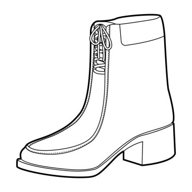 Ön dantel çizmeli kadınlar tek sıra. Ofis işi ve hafta sonu yürüyüşü için topuklu ayakkabıları bağla. Teknik moda illüstrasyonu CAD modelleme temiz vektör adam unisex izole modern tarz.