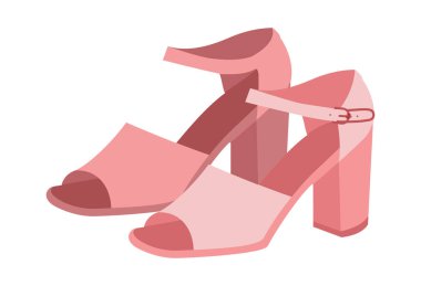 Pembe topuklu sandalet giyen düz ayakkabılı kadınlar. Ayak bileği kayışı, ayakkabı, romantik randevu, tatil görünüşü. Teknik moda illüstrasyonu, CAD modelleme, düzgün vektör erkekler tek cinsiyetli kadın tarzı..