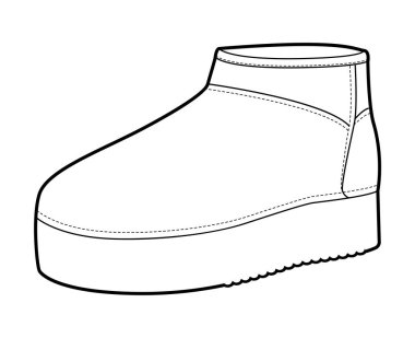 Platform kış botlu kadınlar tek sıra. Hafta sonu kahve molası ve seyahat için tek parça kısa yün bot. Teknik moda illüstrasyonu CAD modelleme temiz vektör adam unisex izole modern tarz.